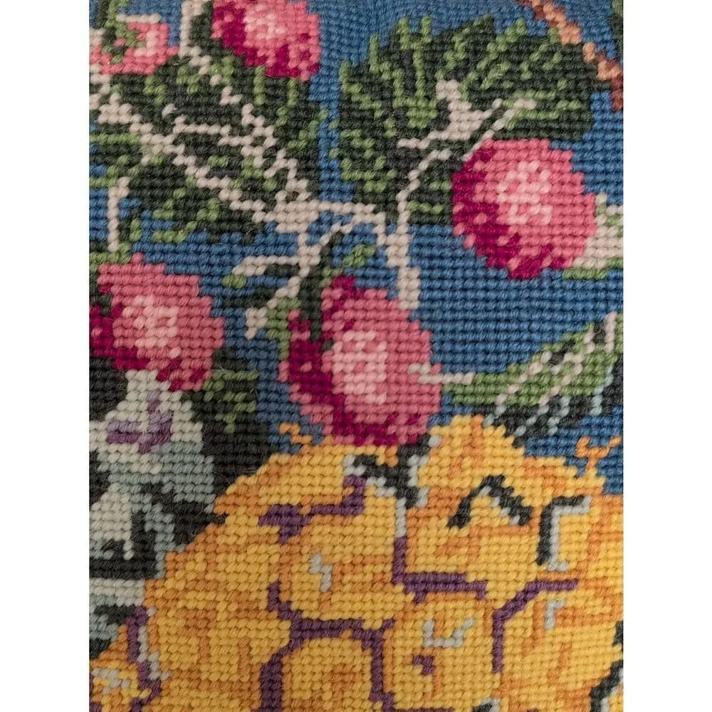 Handmade Fruit Needlepoint Pillow - Blue Background Yellow Pineapple Vintage